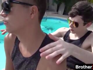 When schoolboy finds his stepbrother lounging by the pool&comma; he decides to join him and ask him for a massage