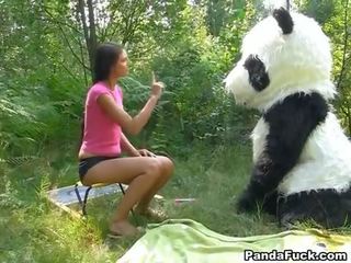 Voksen film i den skogen med en stor leketøy panda